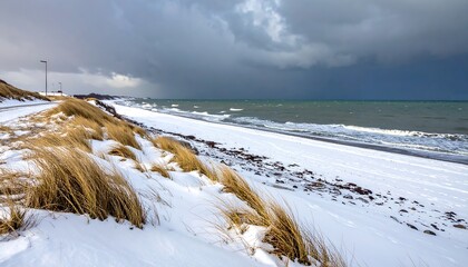 A winter scene of a snowy beach with a dramatic sky, showcasing the rugged dunes and the turbulent sea.