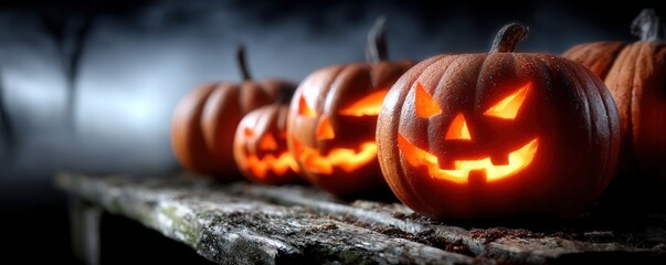 Spooky carved Halloween pumpkins glowing eerily on a rustic wooden table, nestled in a dark forest under the night sky