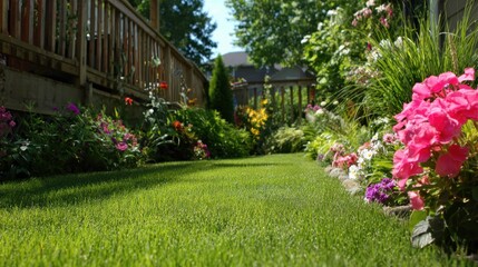 Obraz premium Lush backyard garden with vibrant flowers and a manicured lawn