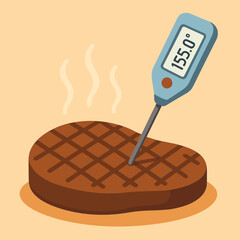 Grilled steak with meat thermometer showing 155 degrees in flat style