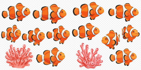 A collection of cartoon clownfish swimming, accompanied by pink coral formations on a transparent background.
