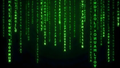 Digital matrix rain effect with cascading green code on black background, classic hacker aesthetic, seamless pattern.