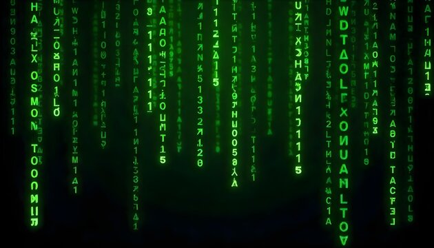 Digital matrix rain effect with cascading green code on black background, classic hacker aesthetic, seamless pattern.