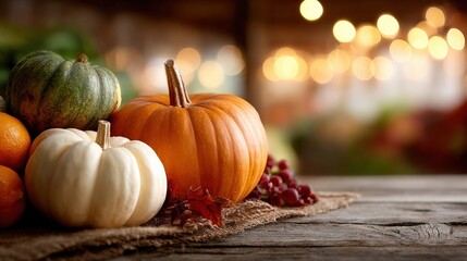 Pumpkins, oranges, grapes and colorful leaves arranged on a rustic wooden table with warm bokeh lights in the background, celebrating autumn harvest and Thanksgiving