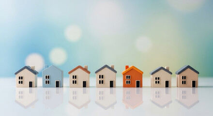 Seven miniature houses lined up on reflective surface