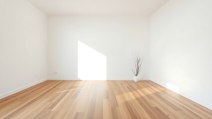 Fototapeta premium Minimalist living room with wooden floors and white walls, embodying clean modern design.