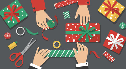 A detailed Flat Design vector illustration showing hands carefully wrapping Christmas gifts with festive paper and ribbons