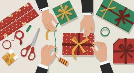Fototapeta premium A detailed Flat Design vector illustration showing hands carefully wrapping Christmas gifts with festive paper and ribbons