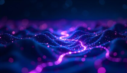 Abstract AI neural network with glowing synapses and digital particles, futuristic and sleek design, purple and blue palette.