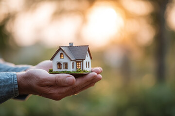 Miniature home held in hands with warm sunlight symbolizing property and future