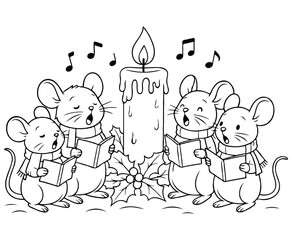 Fototapeta premium Mice Singing Christmas Carols Under Giant Candle – Holiday Coloring Page