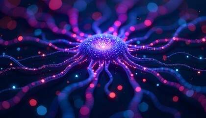 Abstract AI neural network with glowing synapses and digital particles, futuristic and sleek design, purple and blue palette.