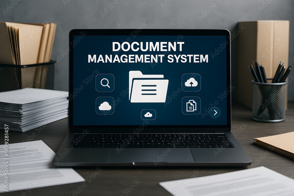 Poster laptop displaying a document management system on a desk.