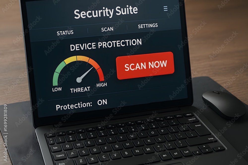 Poster a laptop displaying security software interface.