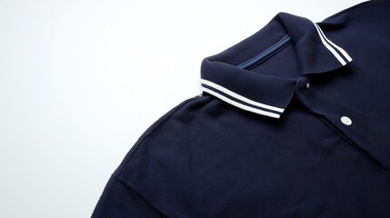 A navy short-sleeve polo shirt with ribbed details, showcasing classic casual wear.