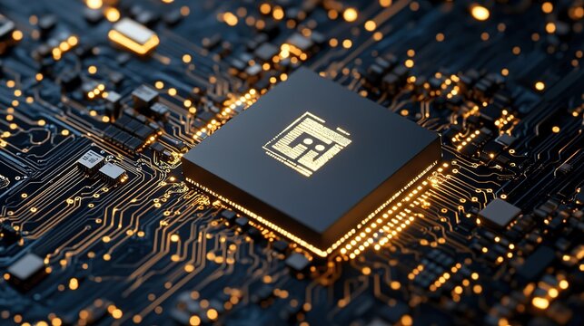 Close - up of Microchip on Printed Circuit Board with Illuminated Details