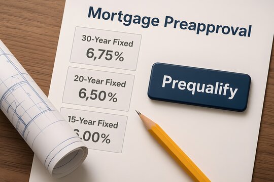Mortgage preapproval document displayed with pencil and rolled up blueprint. 