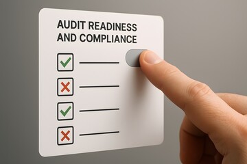 A hand switches a button to complete an audit readiness and compliance checklist.