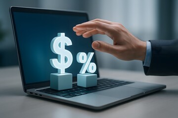 A person's hand interacting with a laptop displaying dollar sign and percentage sign. 