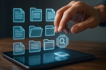 A hand interacts with glowing digital document icons on a tablet screen. 