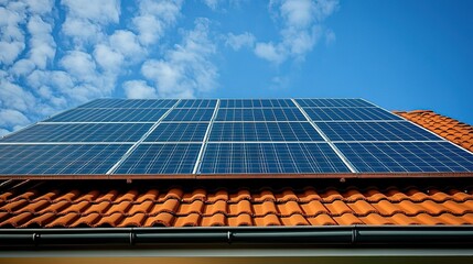 Solar Panels Installed on Terracotta - Tiled Roof Under a Clear Blue Sky