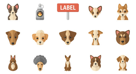 Fototapeta premium A diverse set of flat vector icons showing various dog breed heads, a pet medicine bottle, and a label sign.