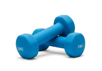 Pair of blue vinyl dumbbells with 1kg weight markings isolated on white background for fitness and exercise