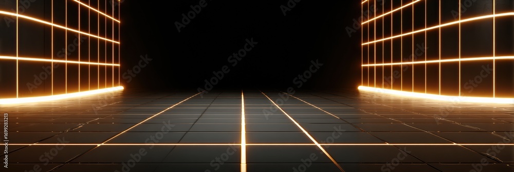 Poster neon grid corridor with glowing edges in a dark setting during the night