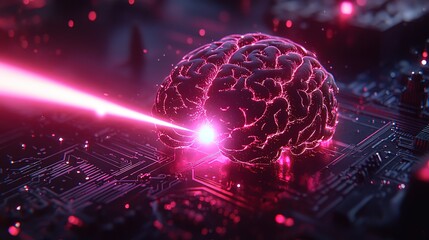 Digital Brain on Circuit Board with Pink Laser Beam