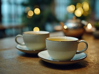 Obraz premium Two cups of tea sit on a wooden table, shallow depth of field, warm lighting, bokeh background suggests a cozy atmosphere