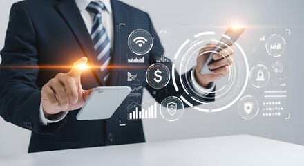 Businessman using smartphone with futuristic digital security interface and data protection concept