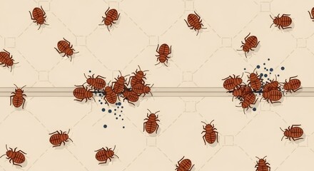 Numerous bed bug on a mattress with excrement stains. Pest control concept and home hygiene. Insect infestation illustration for pest management.