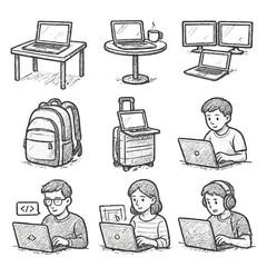 Chalk style tech and people sketches: laptops, desks, and characters in everyday scenes