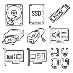 Chalk style icon set of computer hardware components on gray background