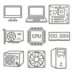 Hand drawn computer hardware icons: cpu, graphics card, monitor, and more