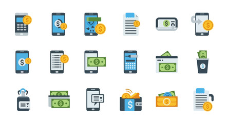 Collection of Colorful Mobile Phone Icons Representing Financial Transactions and Payments.