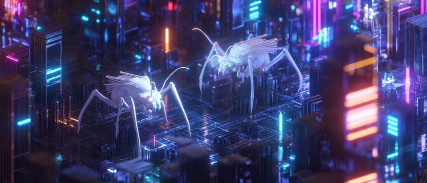 A futuristic scene featuring robotic insects in a vibrant, neon-lit cityscape, showcasing a blend of technology and imaginative design.