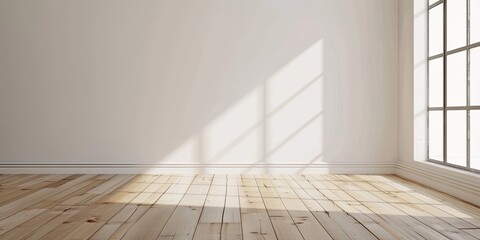 Sunlight streams into an empty room, illuminating light-toned wood floors and a white wall, creating a minimalist and serene atmosphere