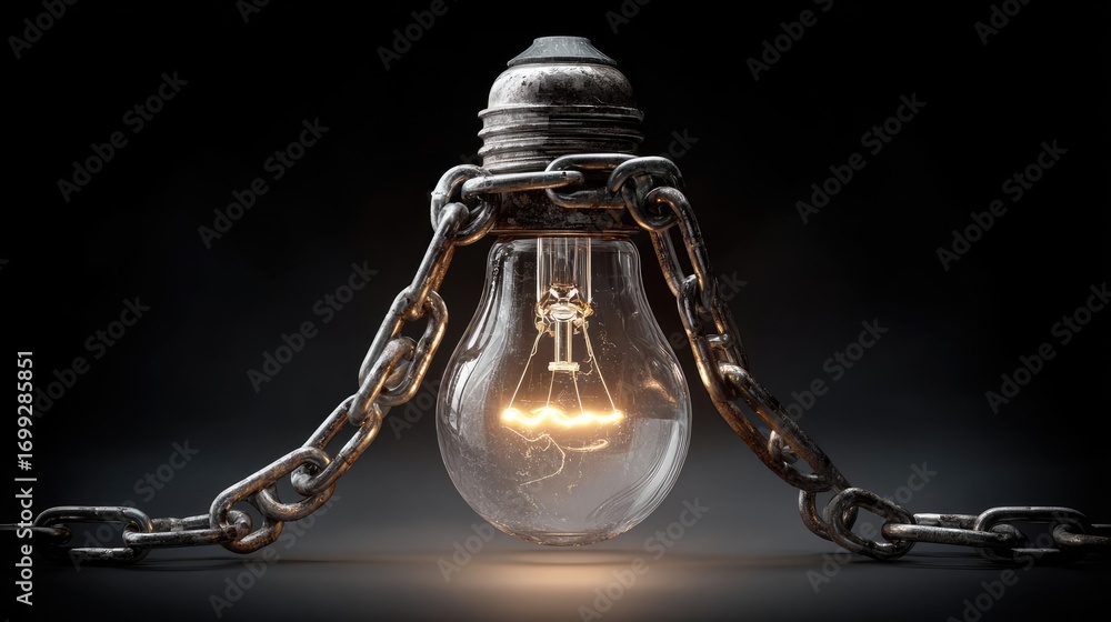 Poster a metaphorical light bulb for innovative breakthrough concept. a unique light bulb bound by chains, 