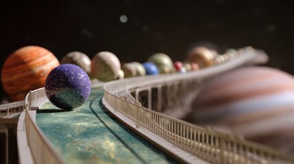 A vibrant depiction of planets along a winding path, showcasing a miniature solar system with detailed textures and colors.