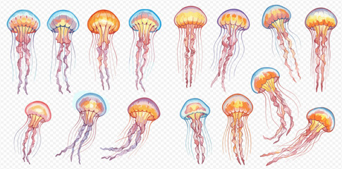 A collection of fifteen jellyfish, varying in size and color, floating against a transparent background.