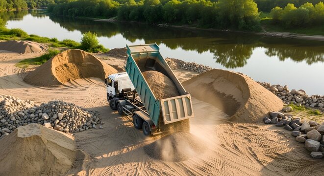 High angle view of a dump truck unloading sand and gravel near a calm river. The scene is bright, sunny, and shows various piles of building materials