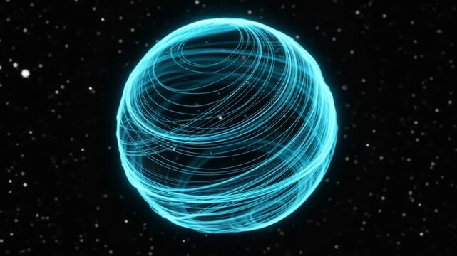 Futuristic Data Globe with Energetic Blue Lines Rotating on a Black Starry Background