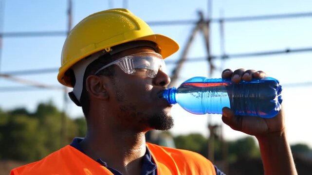 Construction worker hydrates by drinking water from a bottle on a hot day at a worksite