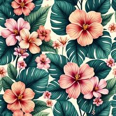 Exotic floral pattern with hibiscus flowers and tropical leaves creating a vibrant design © Pictiplay
