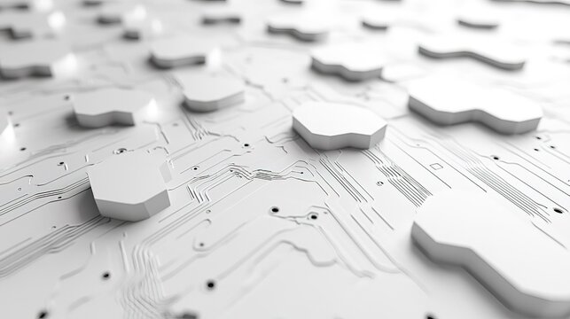 3D Render of White Circuit Board with Geometric Components