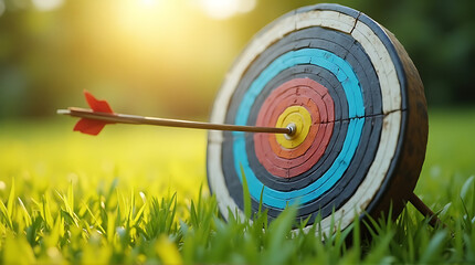 Arrow hitting center of target in sunlit meadow symbolizing success and precision