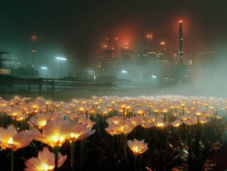 Obraz premium A surreal scene showcasing glowing flowers in a foggy industrial setting, with a factory illuminated by orange lights in the background.