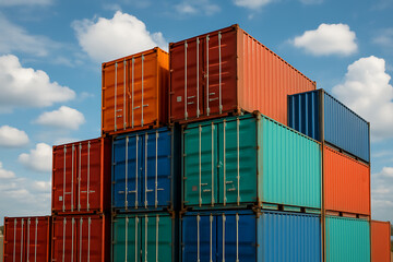 A vibrant stack of multicolored industrial cargo containers at a shipping depot, symbolizing global trade, freight transportation, and supply chain logistics