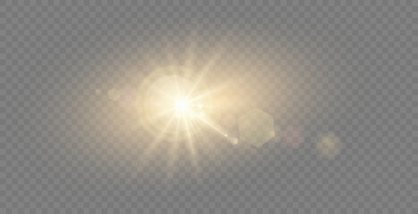 Vector realistic light . Sun with rays and glare . Sunlight or dawn on transparent background. Golden light.